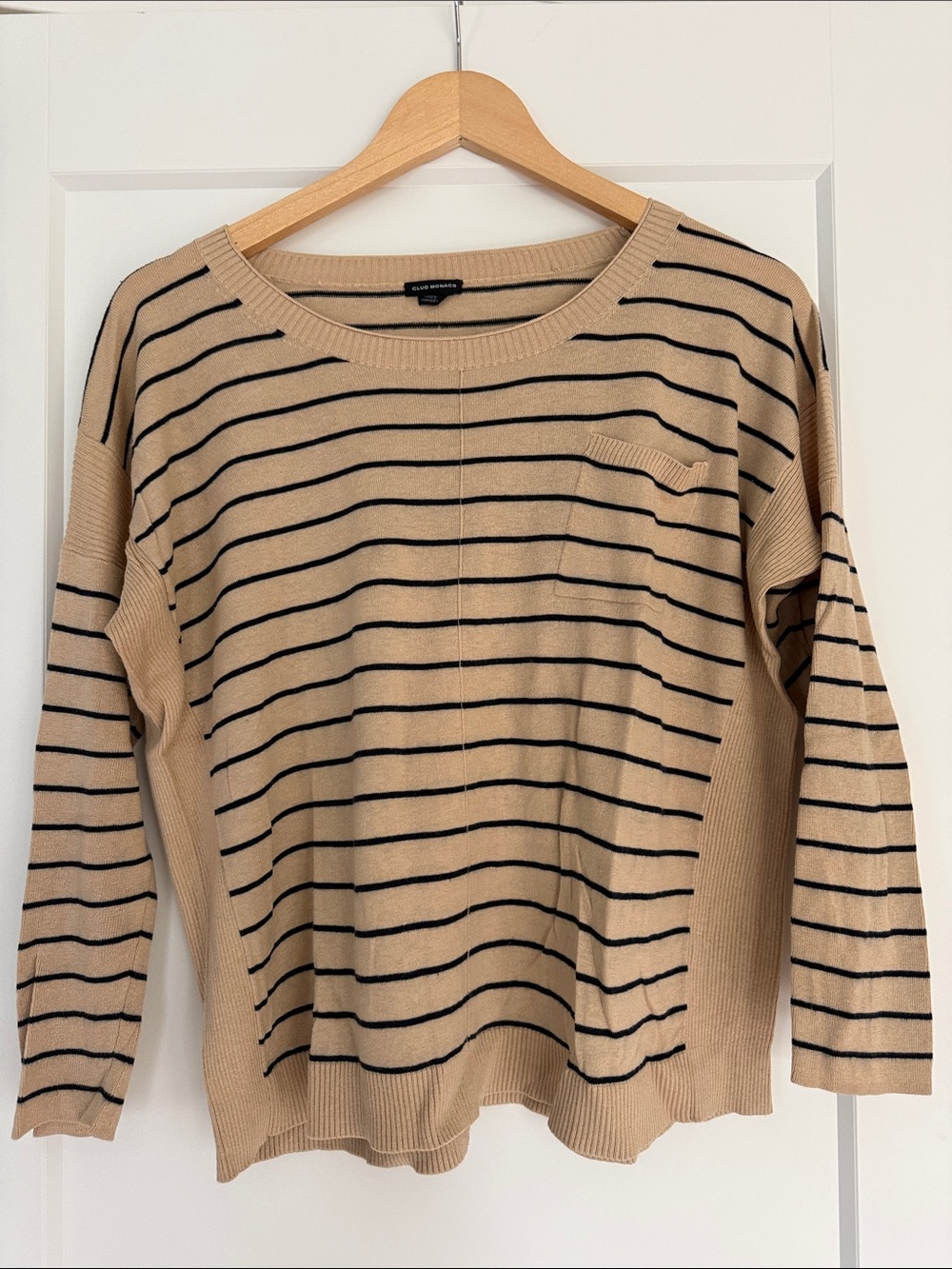 Club Monaco Beige and Black Striped Scoopneck Sweater